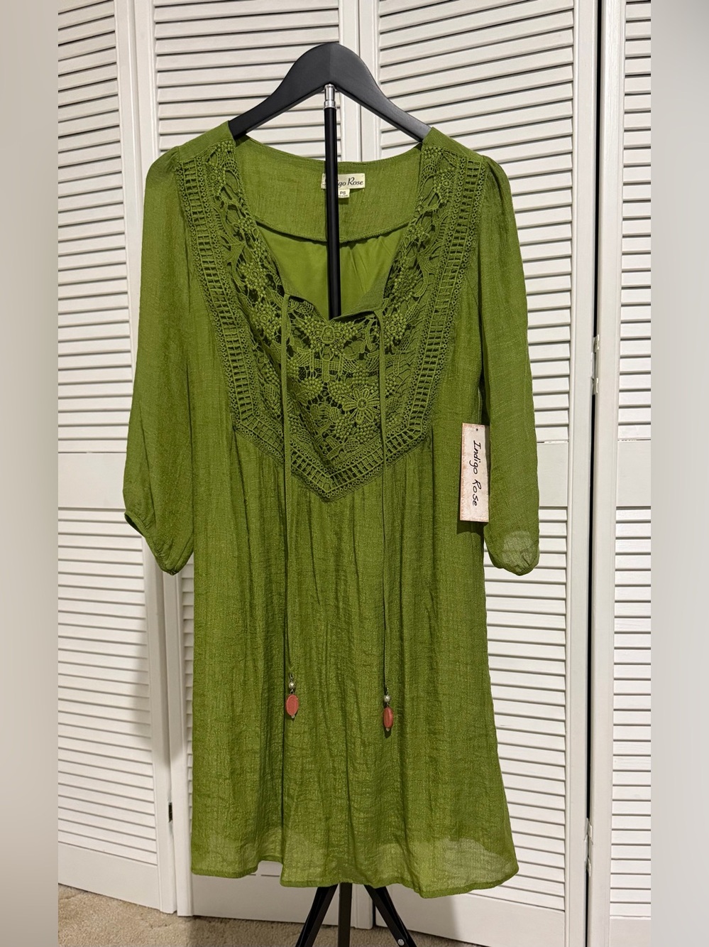 Women’s Olive Green Crochet Yoke Midi Dress with Tie Detail
